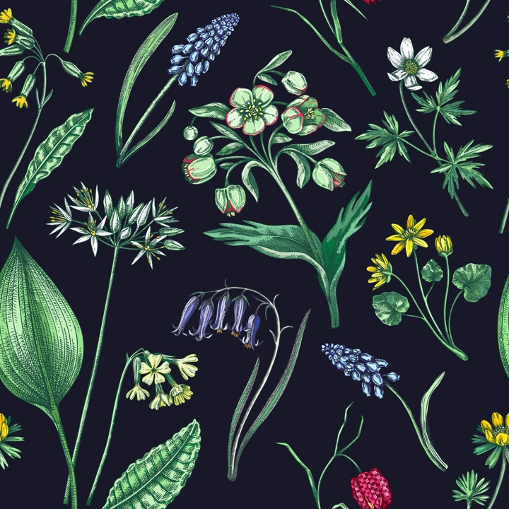 Spring flowers seamless pattern. Wildflowers background. Forest plant, greenery, wild flowers sketches. Hand drawn vector illustration. Not AI-generated
